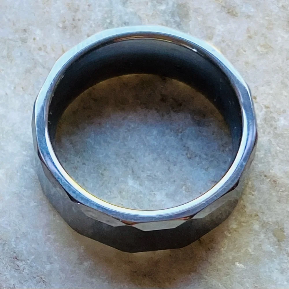 Faceted Tungsten Carbide Ring with Diamond Accent